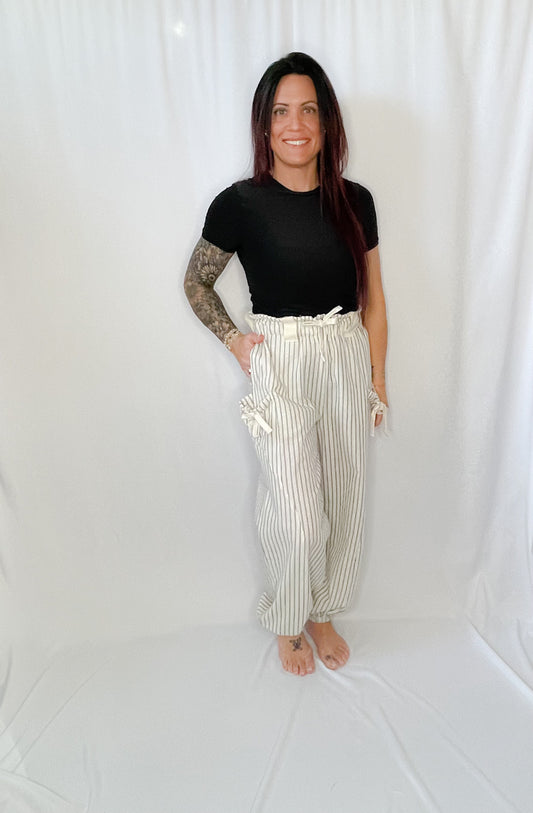 Bow Detail Stripe Textured Woven Pants/2 Color Options