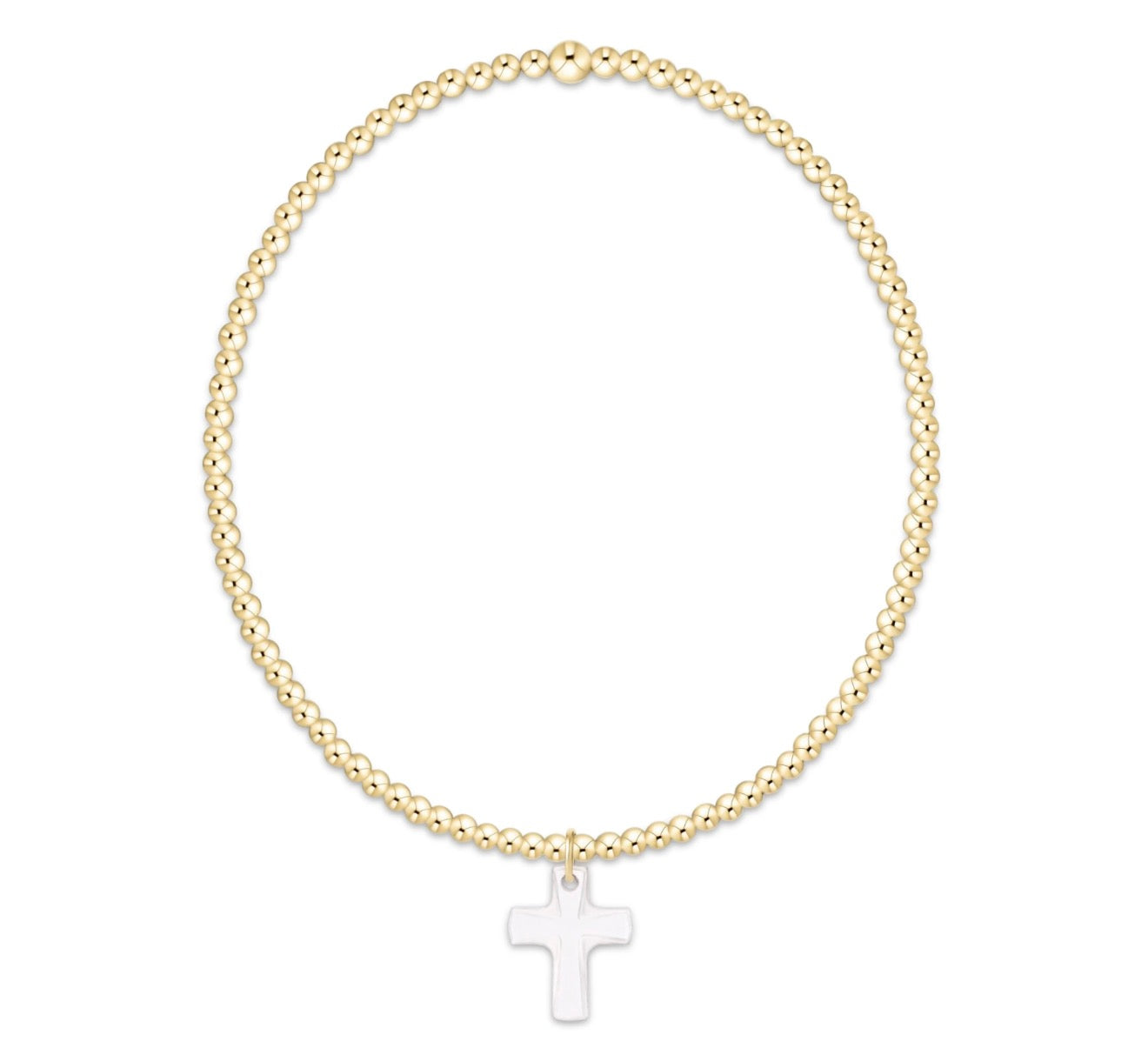 Gold beaded bracelet with a clear cross charm on a white background