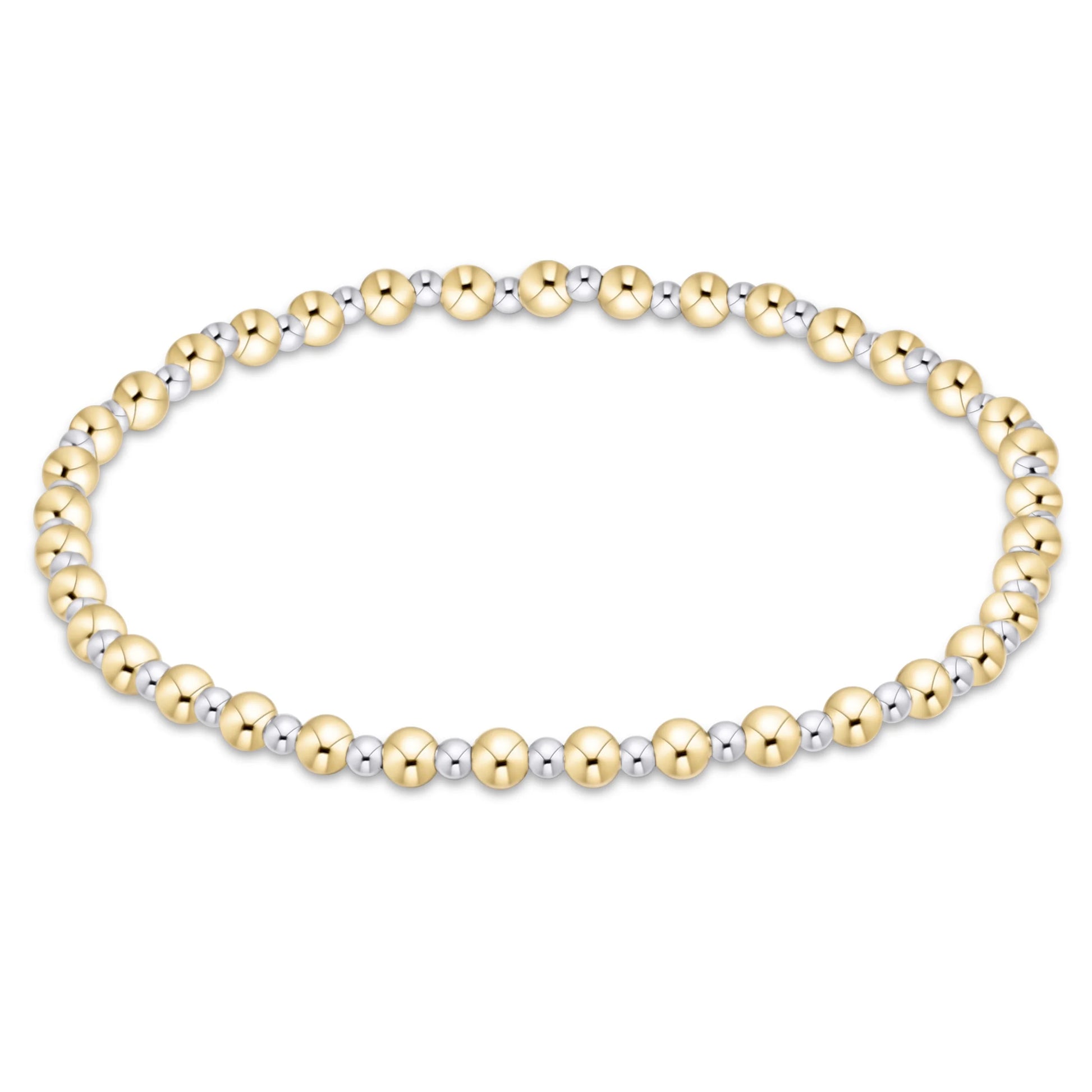 A beaded stretch bracelet featuring alternating polished yellow gold and silver-toned round beads, arranged in an oval shape on a clean white background.
