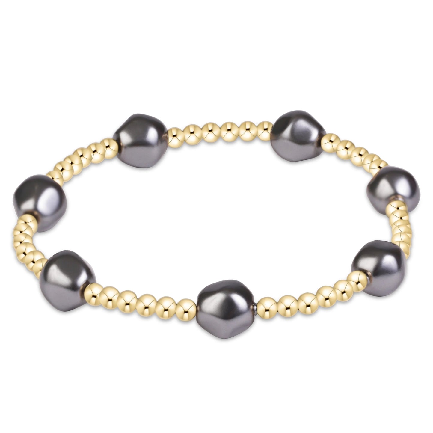 A beaded stretch bracelet featuring large, irregular dark gray freshwater pearls separated by strands of small, polished gold-toned beads, shown on a clean white background.