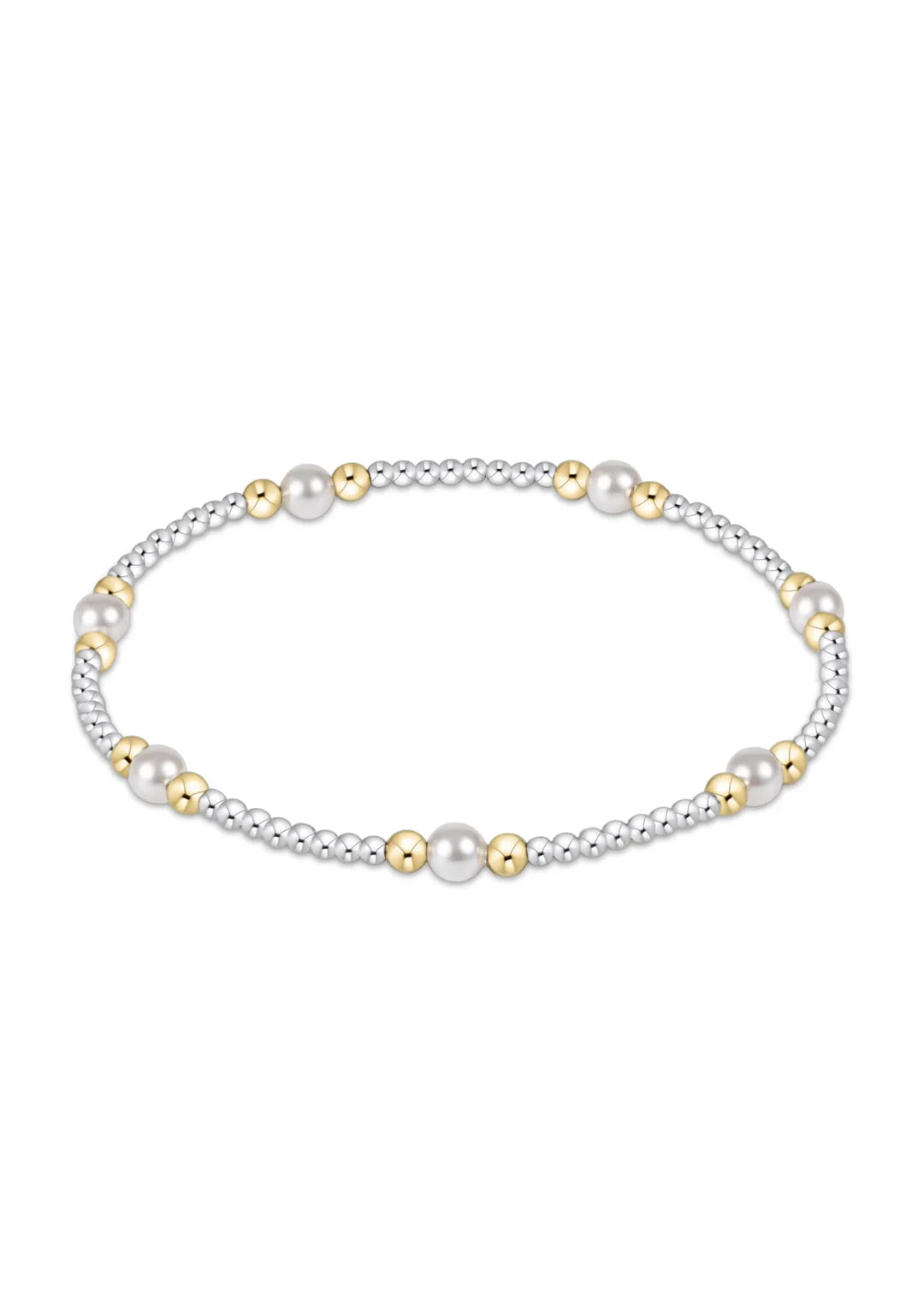 Mixed metal beaded bracelet with pearls on a white background