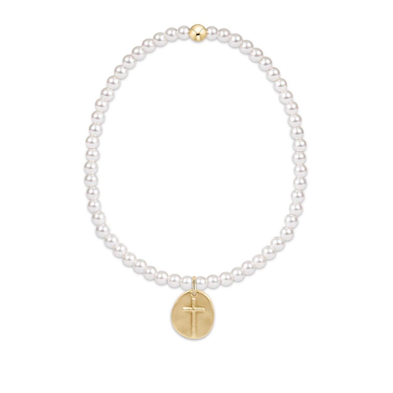 Pearl bracelet with a gold cross charm on a white background branded by enewton