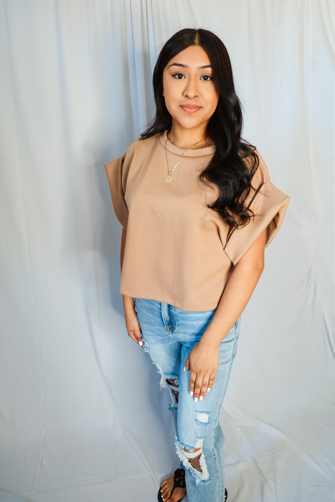 Solid Scuba Fold Wide Sleeves Top