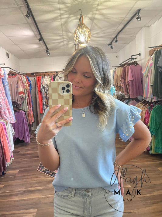 Light Blue Knit Top With Pearl Beaded Detail