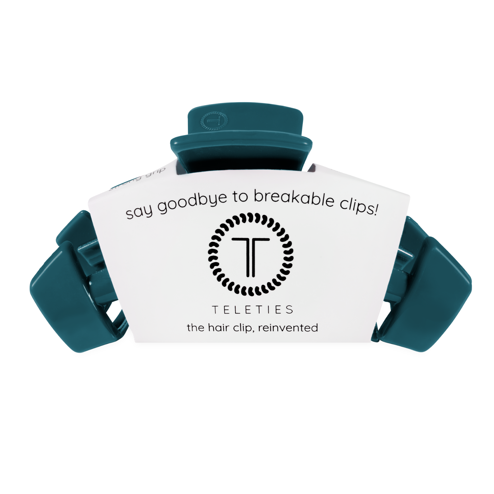 A single teal hair clip with a white paper insert that reads 'say goodbye to breakable clips! TELETIES the hair clip, reinvented' on a plain white background.