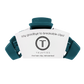A single teal hair clip with a white paper insert that reads 'say goodbye to breakable clips! TELETIES the hair clip, reinvented' on a plain white background.