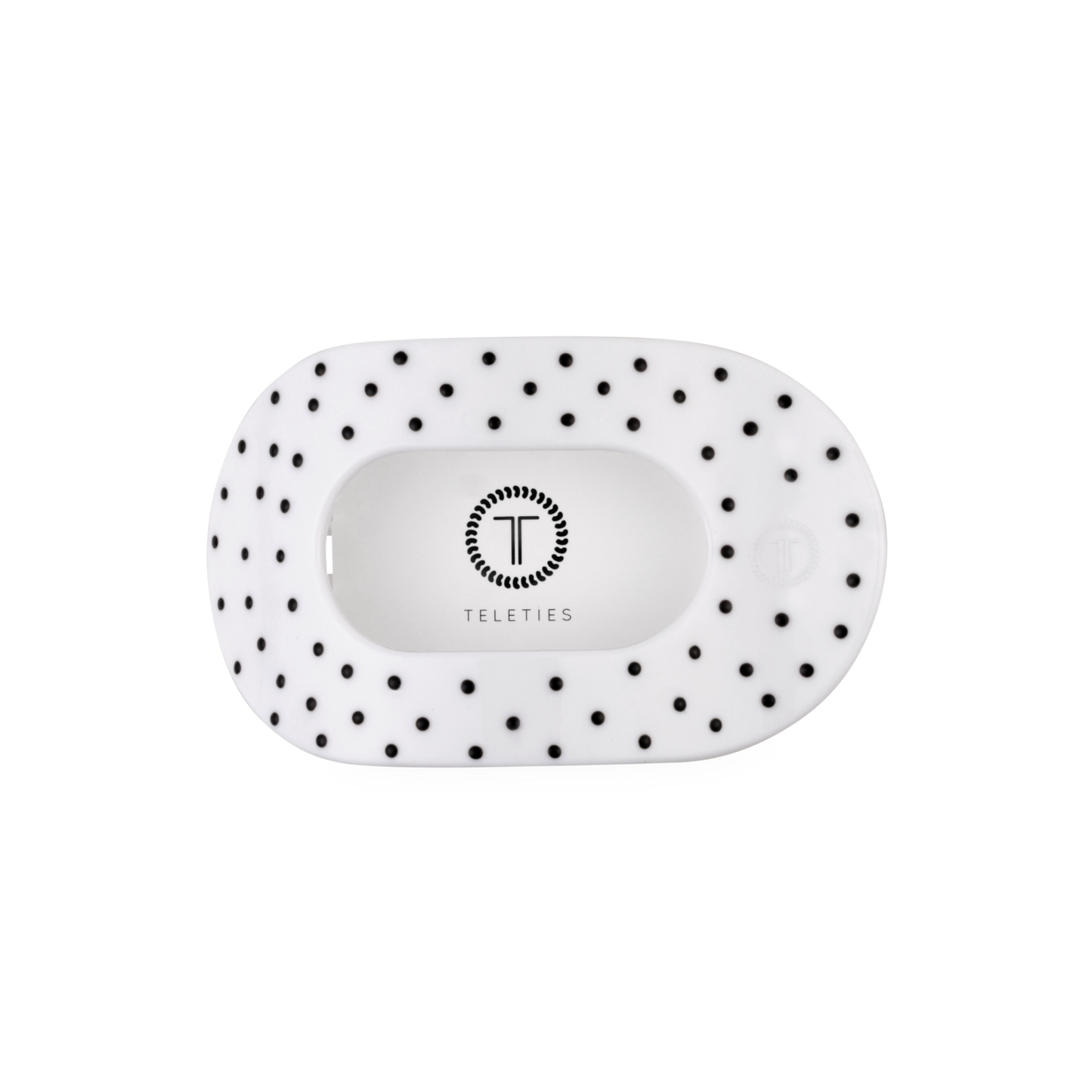 White pouch with black polka dots and 'Teleties' branding on a white background