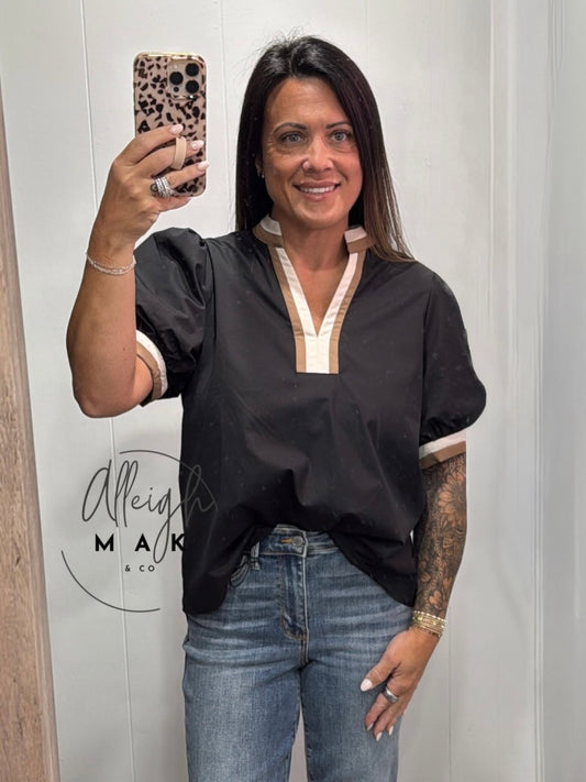 Black Bubble Sleeve Top with Multicolor Band