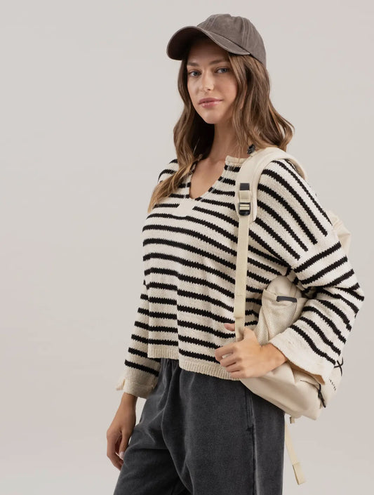 Stripe Split Neck Long Sleeve Knit Sweater