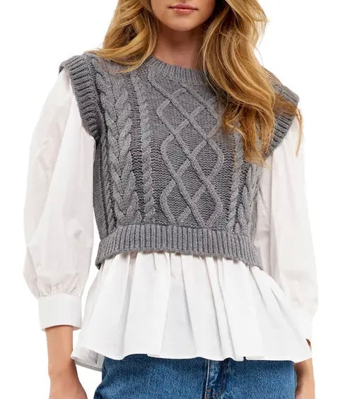 Cable Knit Sweater w/ Collared Shirt