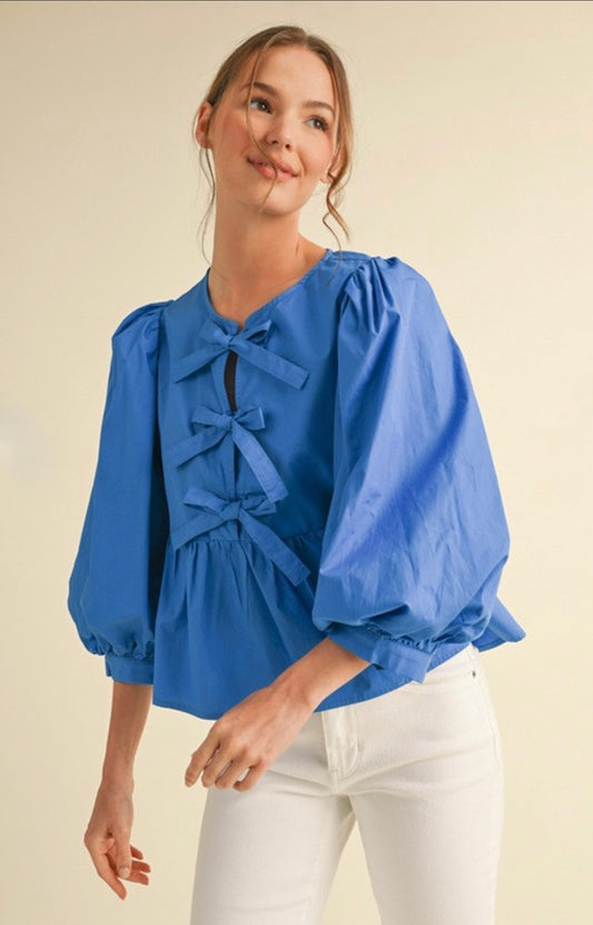 Chic and Sweet Bow Tie Peplum Top - Cobalt Blue