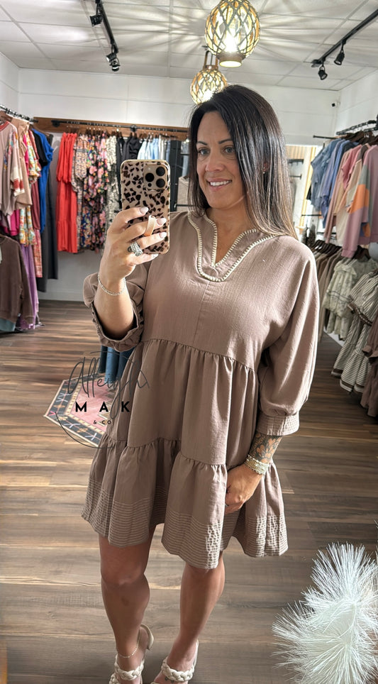 Mocha Tiered Puff Sleeve Mini Dress