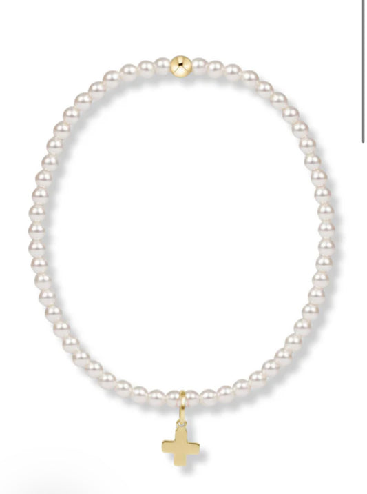 ENewton Classic Pearl 3mm Bead Bracelet - Signature Cross Gold Charm
