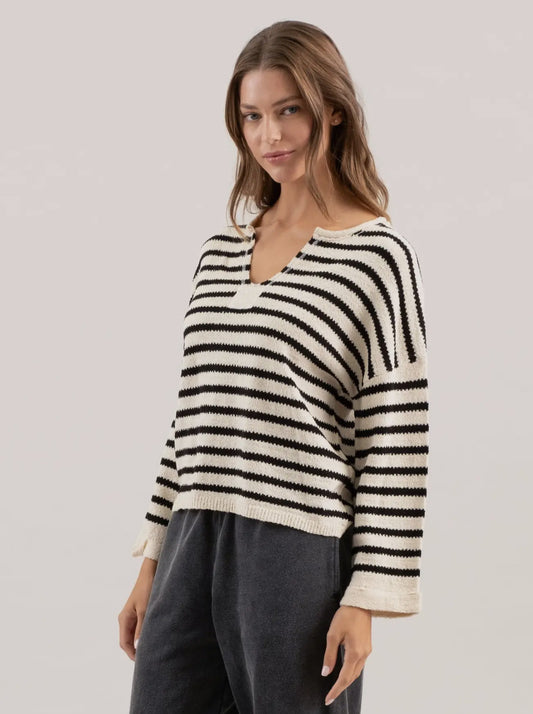 Stripe Split Neck Long Sleeve Knit Sweater