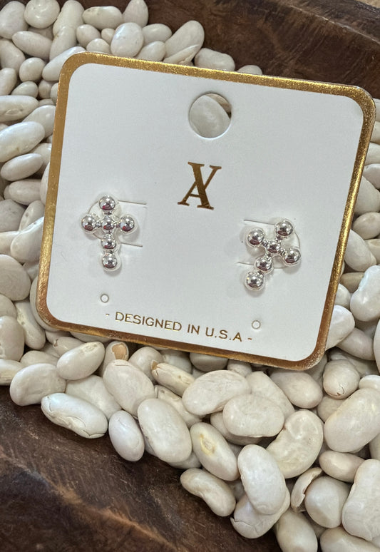 Silver Beaded Cross Stud Earrings