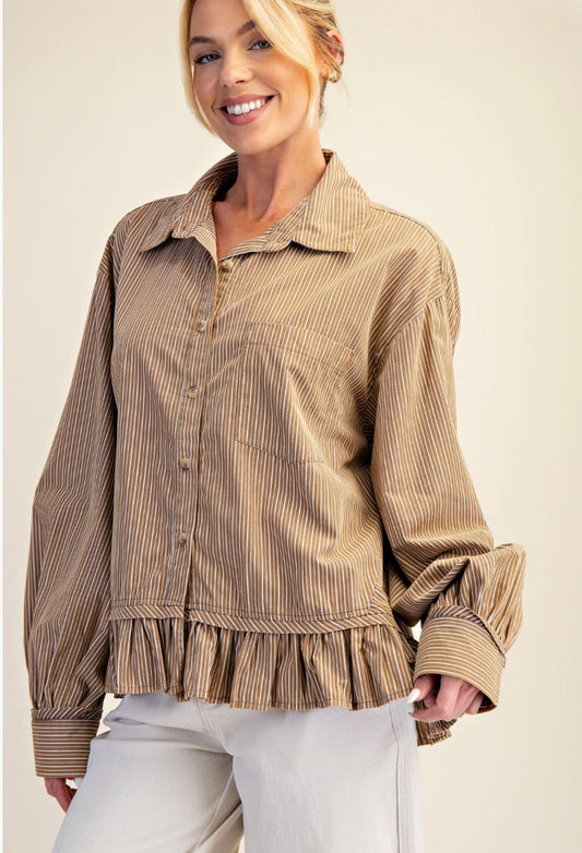 Stripped Poplin Button Down Mineral Wash Top