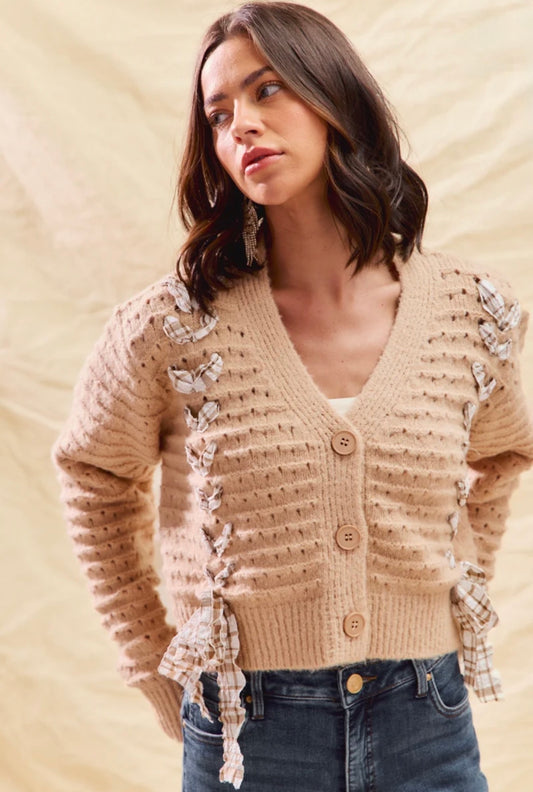 Checkered Plaid Lace Up Textured Button Down Sweater Cardigan