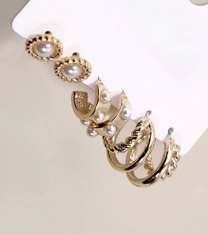 GOLD PEARL HOOP STUD TRIO EARRINGS