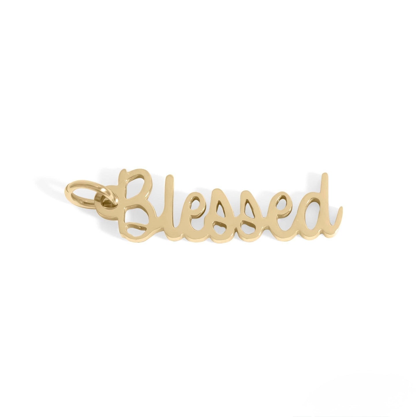 Gold 'Blessed' pendant on a white background
