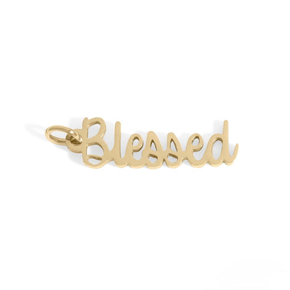 Gold 'Blessed' pendant on a white background