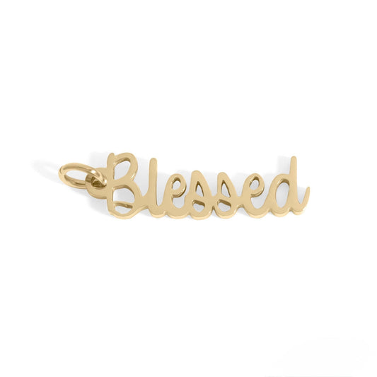 Gold 'Blessed' pendant on a white background