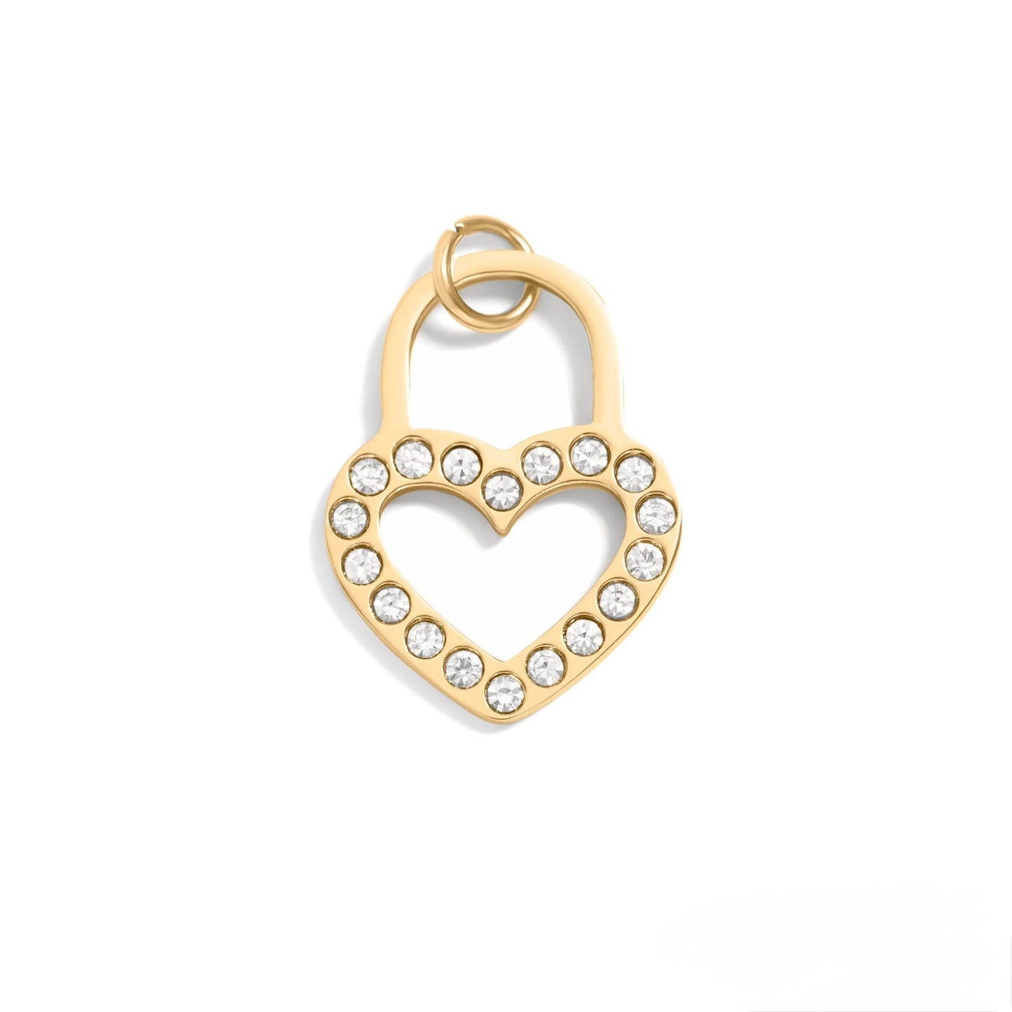 Gold heart-shaped pendant with embedded crystals on a white background