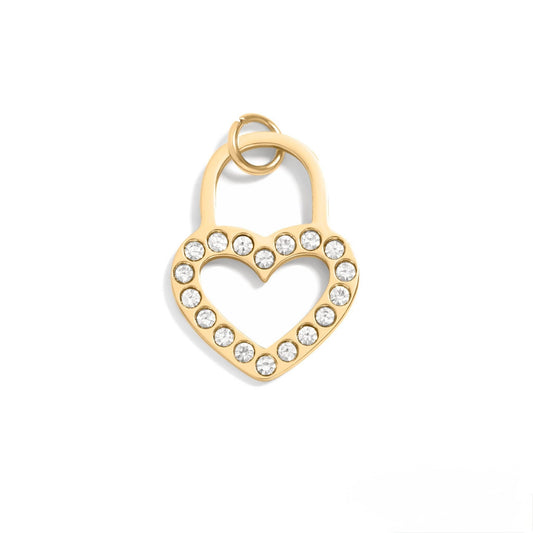 Gold heart-shaped pendant with embedded crystals on a white background