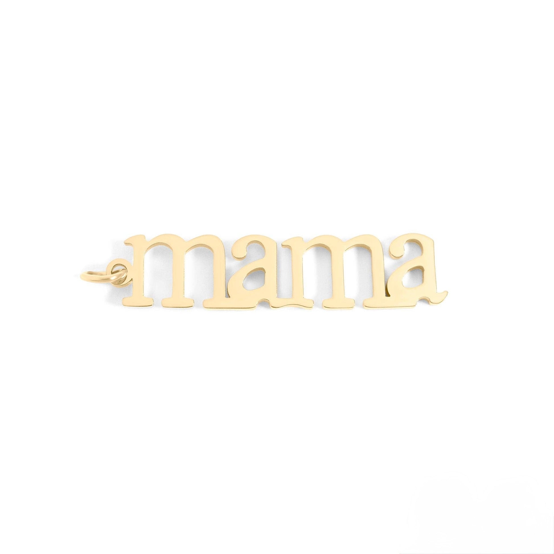 Gold 'mama' necklace on a white background