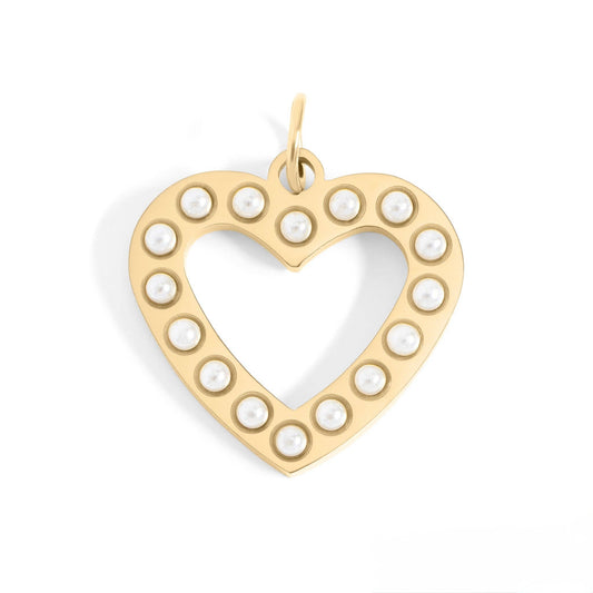 Gold heart-shaped pendant with pearl-like stones on a white background