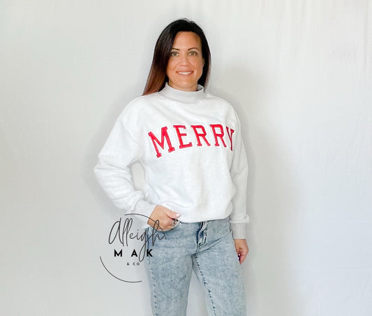 Merry Embroidered Inside Out Mockneck Sweatshirt