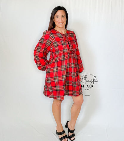Checkered Plaid Front Tie Round Neck Mini Dress