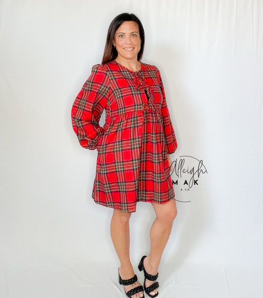 Checkered Plaid Front Tie Round Neck Mini Dress