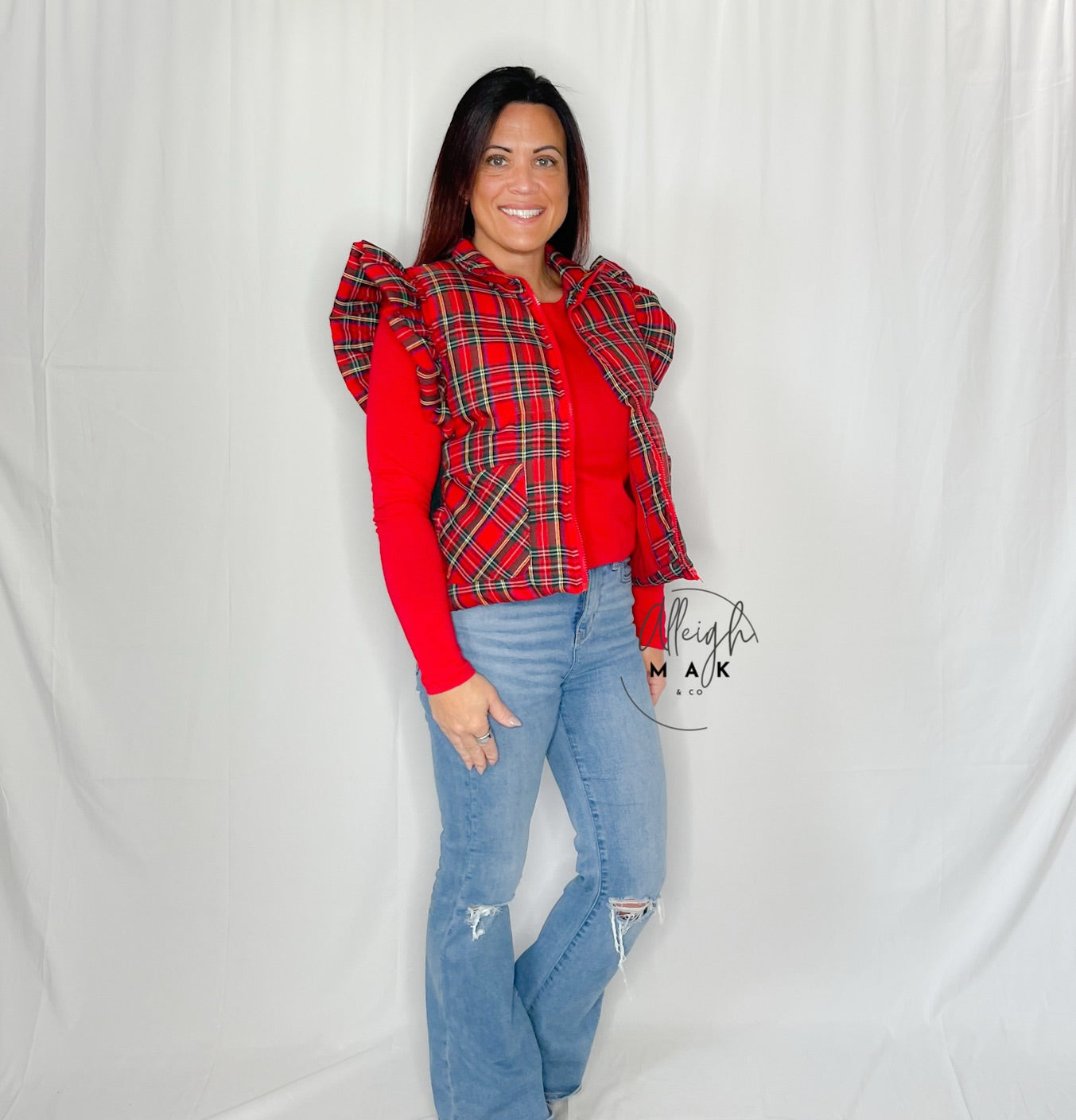Chic Ruffle Plaid Puffer Vest