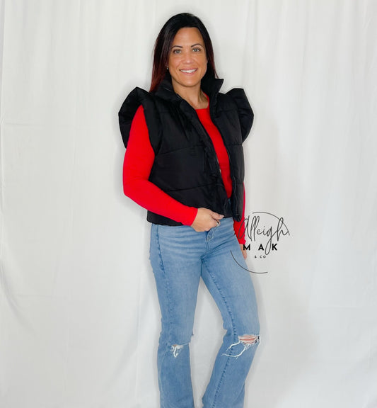 Flutter Sleeve Bow Detail Zip-Up Puffer Vest