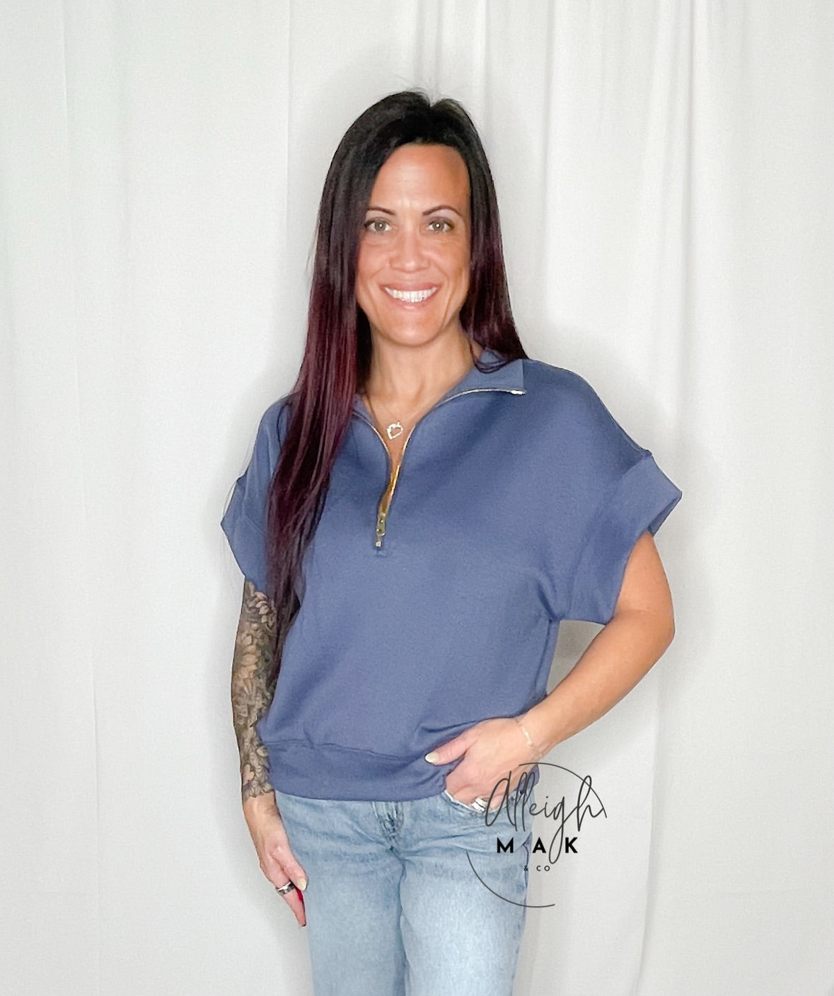 blue indigo scuba half zip pullover