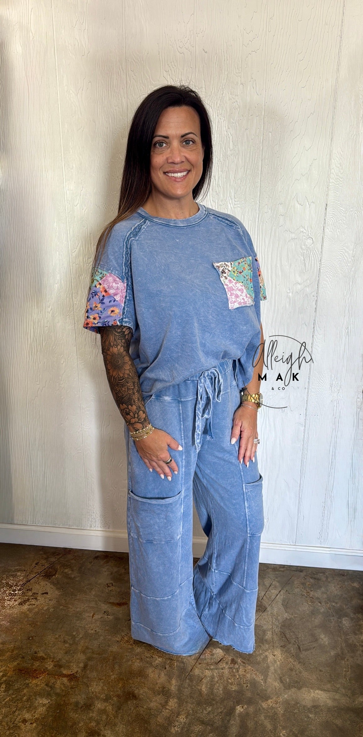 Mineral Wash Flower Patch Pocket Top with Lace - Denim Blue