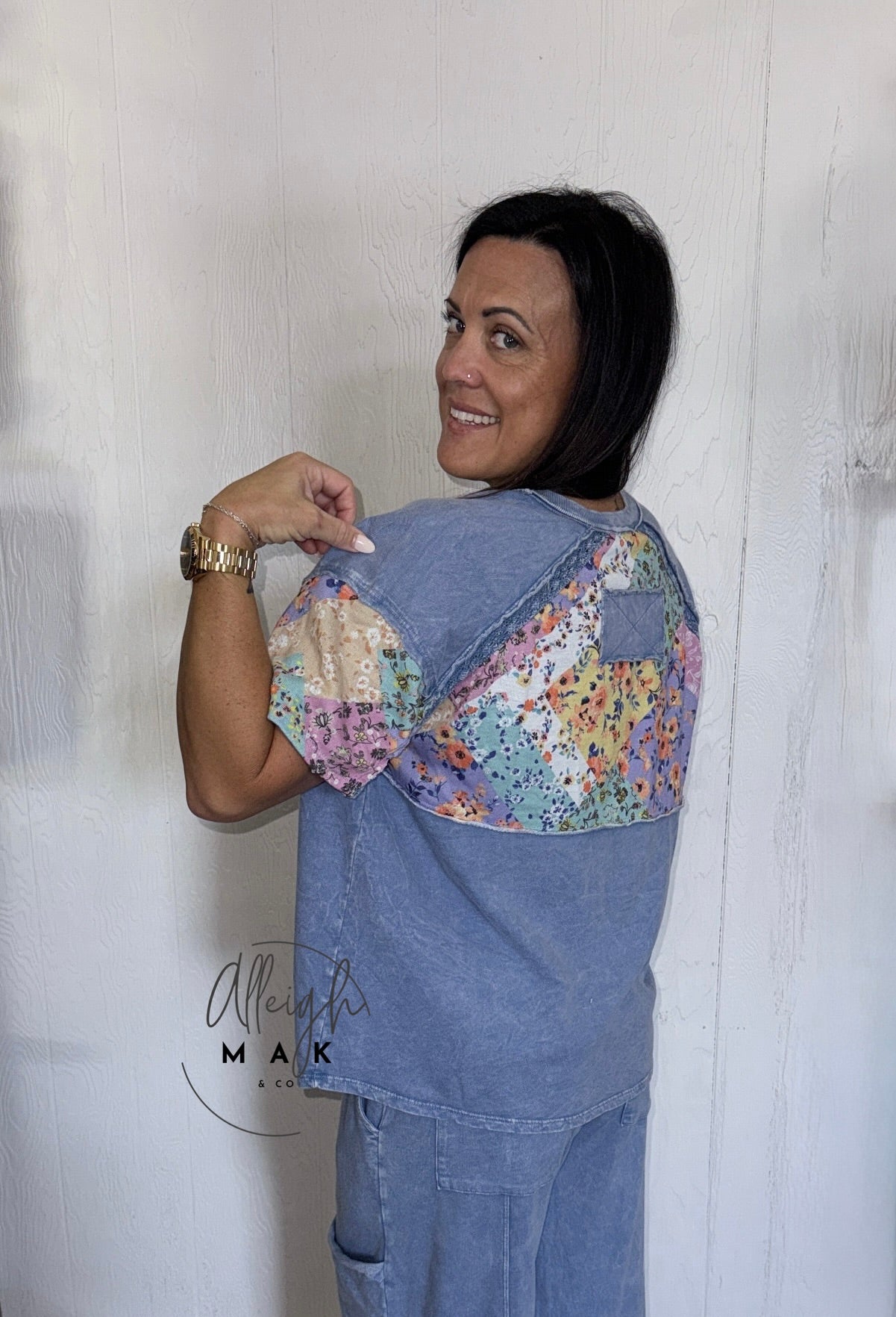 Mineral Wash Flower Patch Pocket Top with Lace - Denim Blue