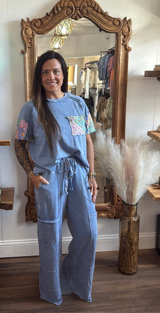 Mineral Wash Wide Leg Pants - Denim Blue