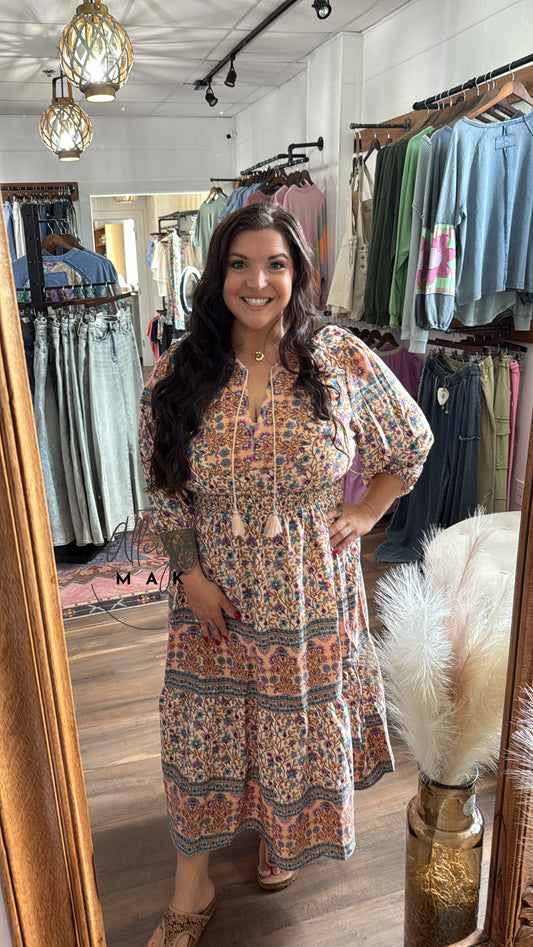 Border Print V-Neck Midi Dress with Ruffle and Tassel Details