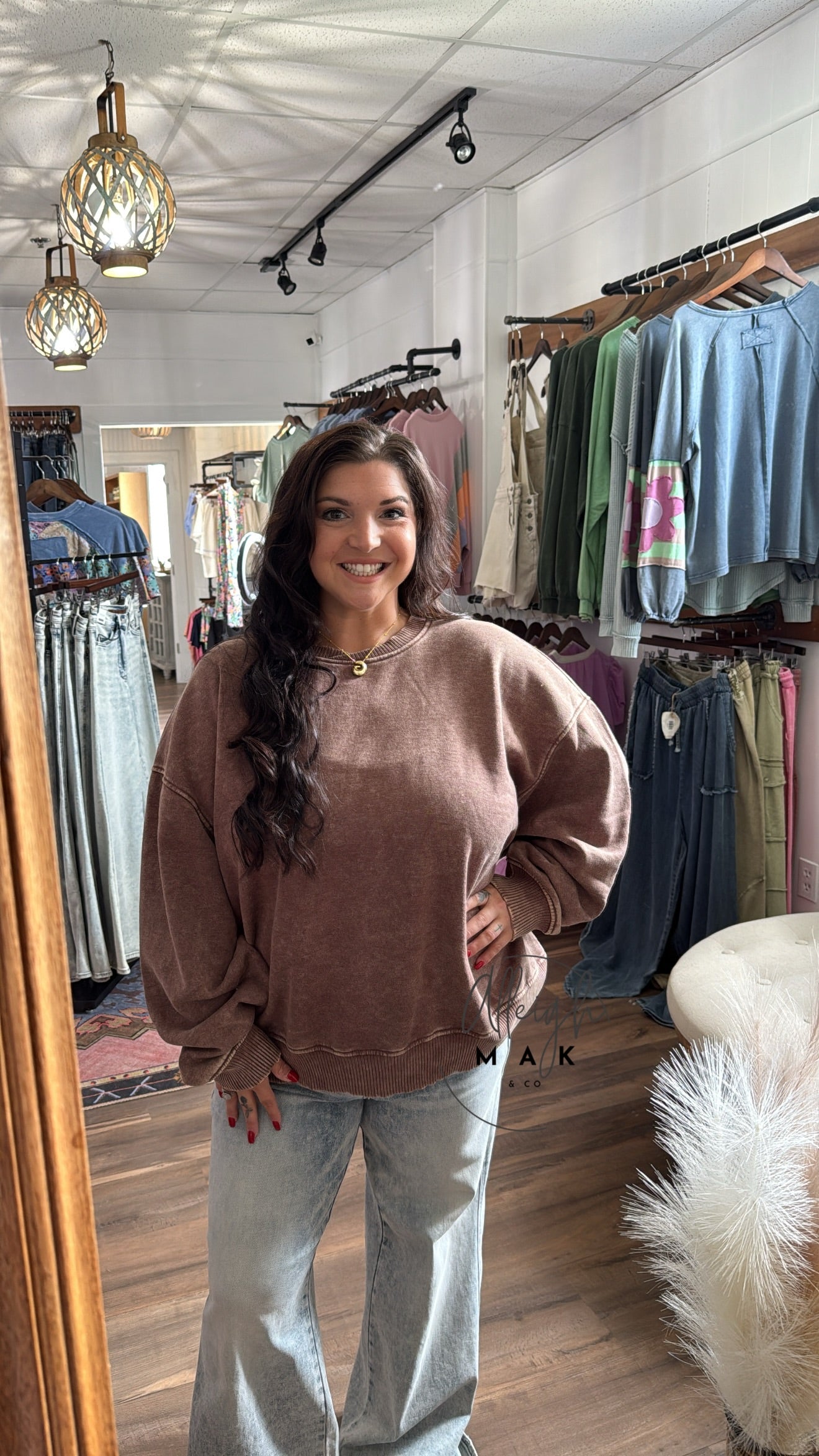 Plus Acid Wash Oversized Fleece Pullover - Brown