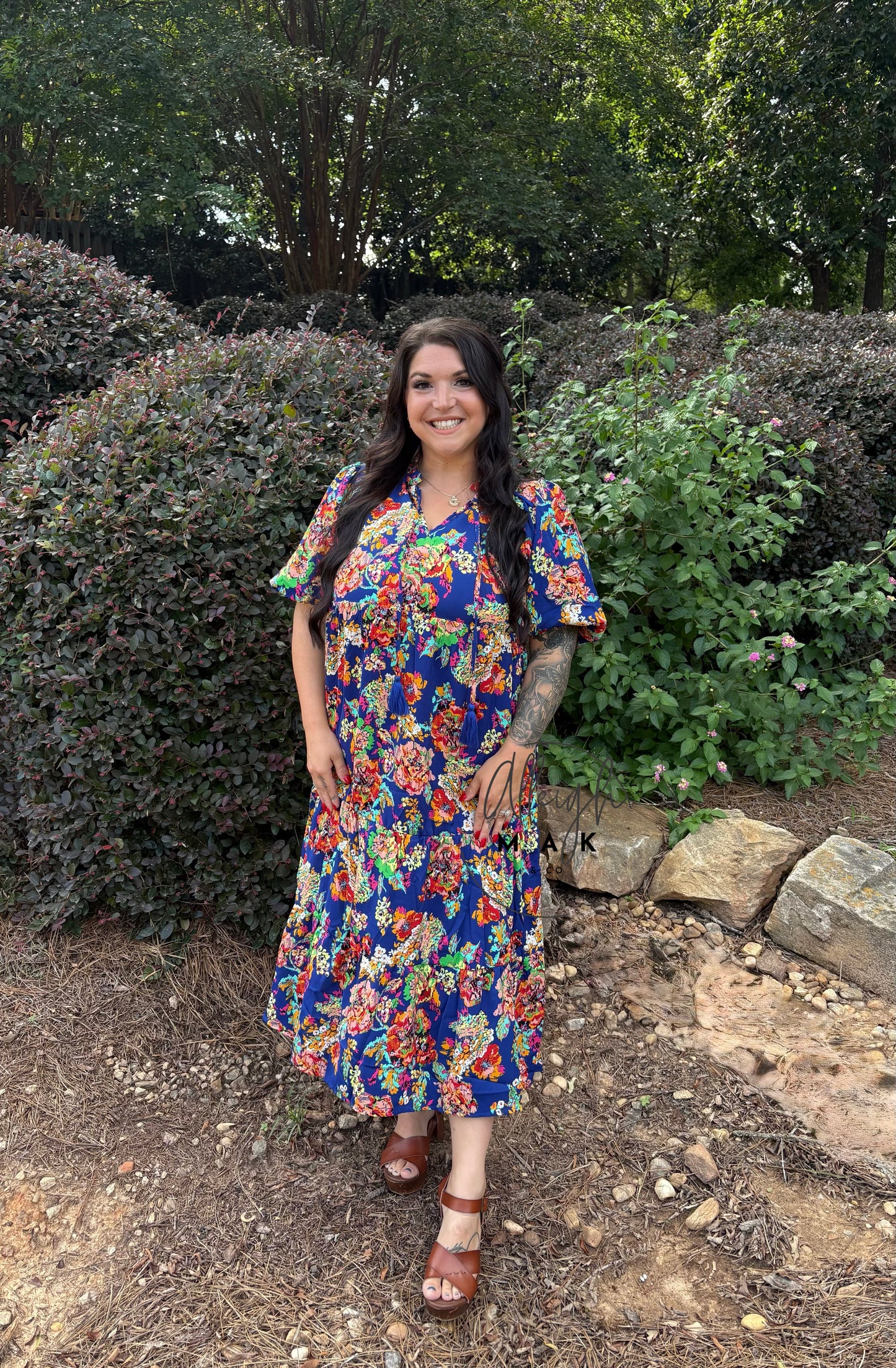 Floral Print A-Line Midi Dress with Tassel Tie
