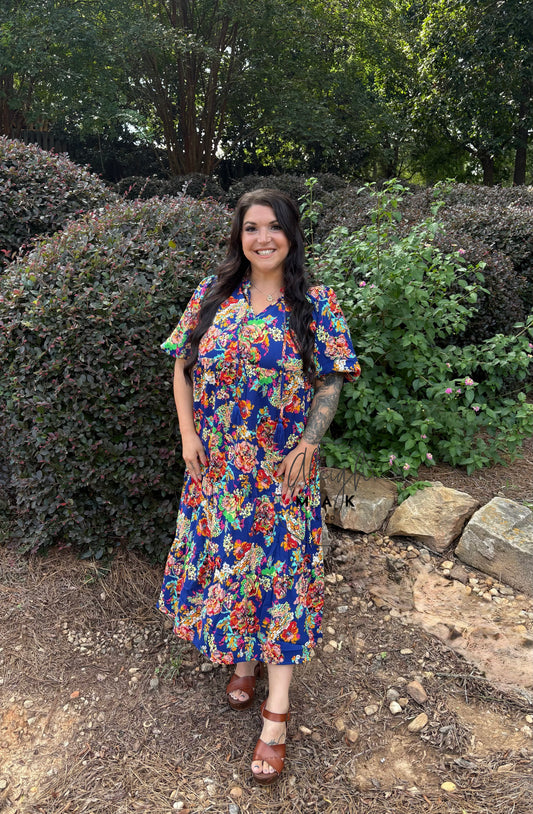 Floral Print A-Line Midi Dress with Tassel Tie
