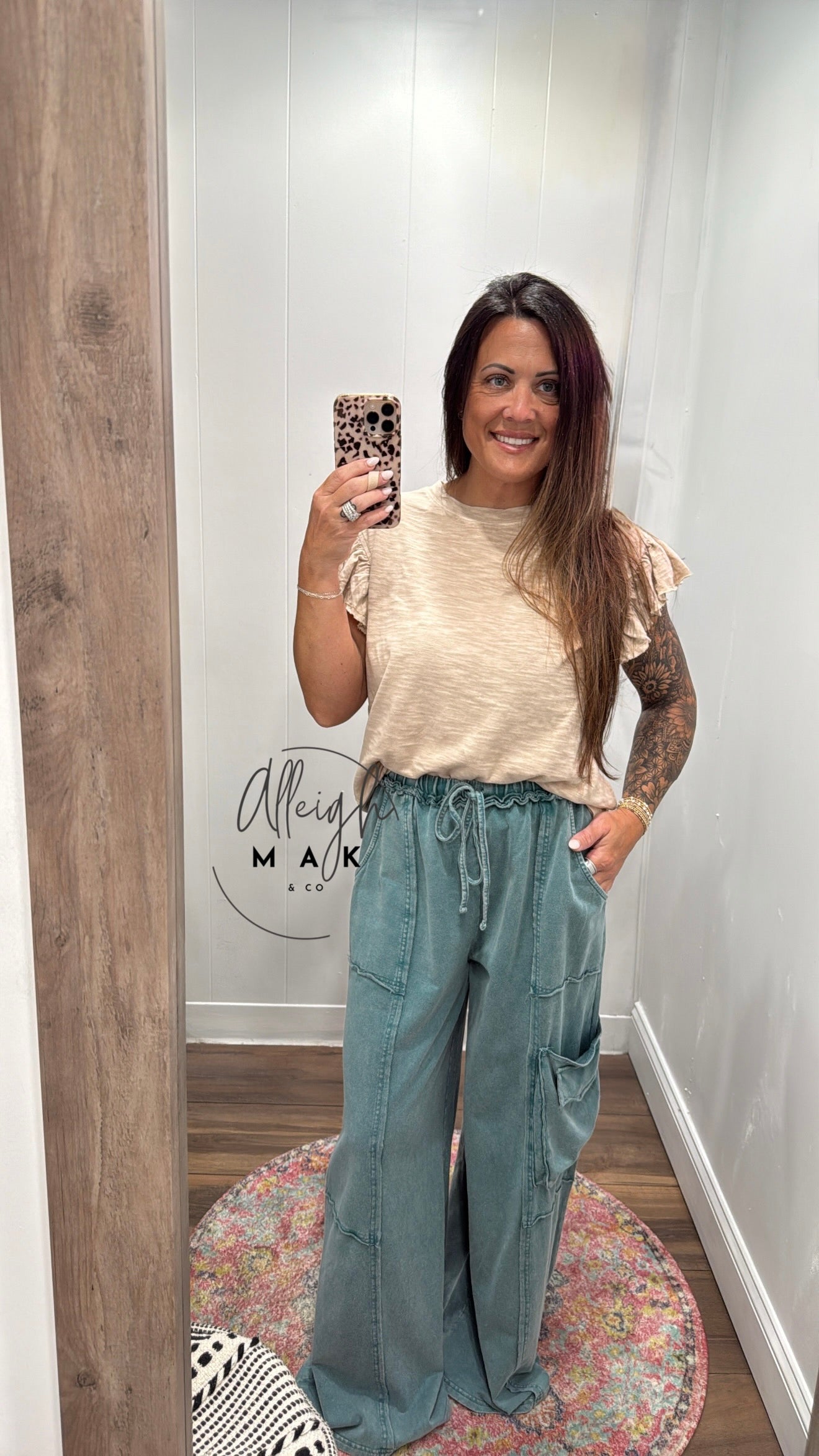 Wide Leg Terry Knit Mineral Washed Pants - Faded Teal