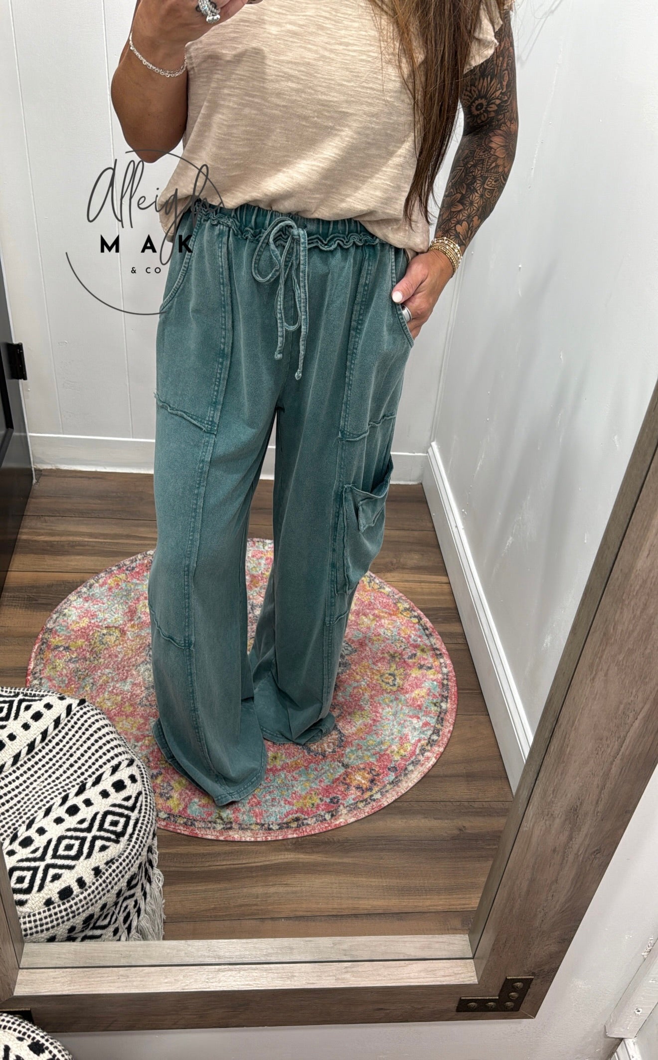 Wide Leg Terry Knit Mineral Washed Pants - Faded Teal