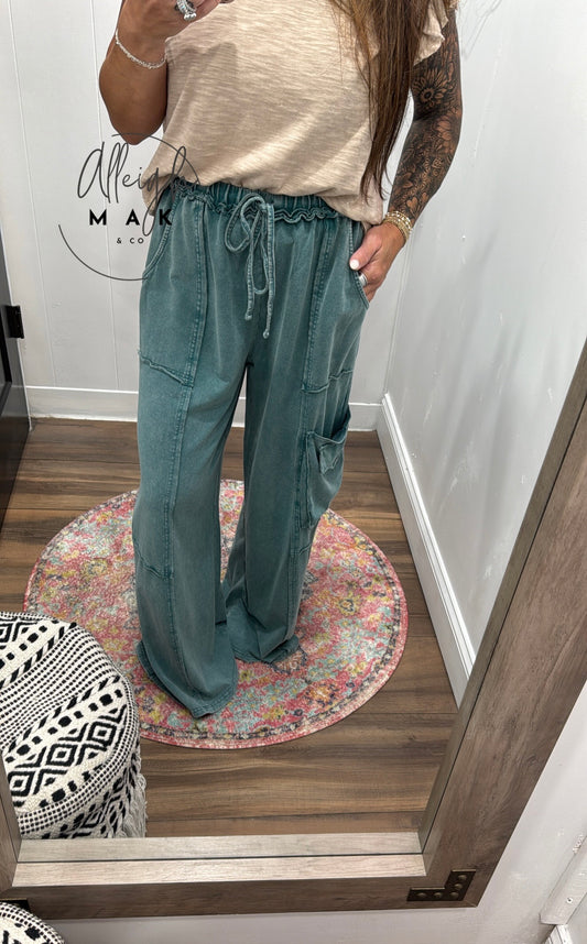 Wide Leg Terry Knit Mineral Washed Pants - Faded Teal