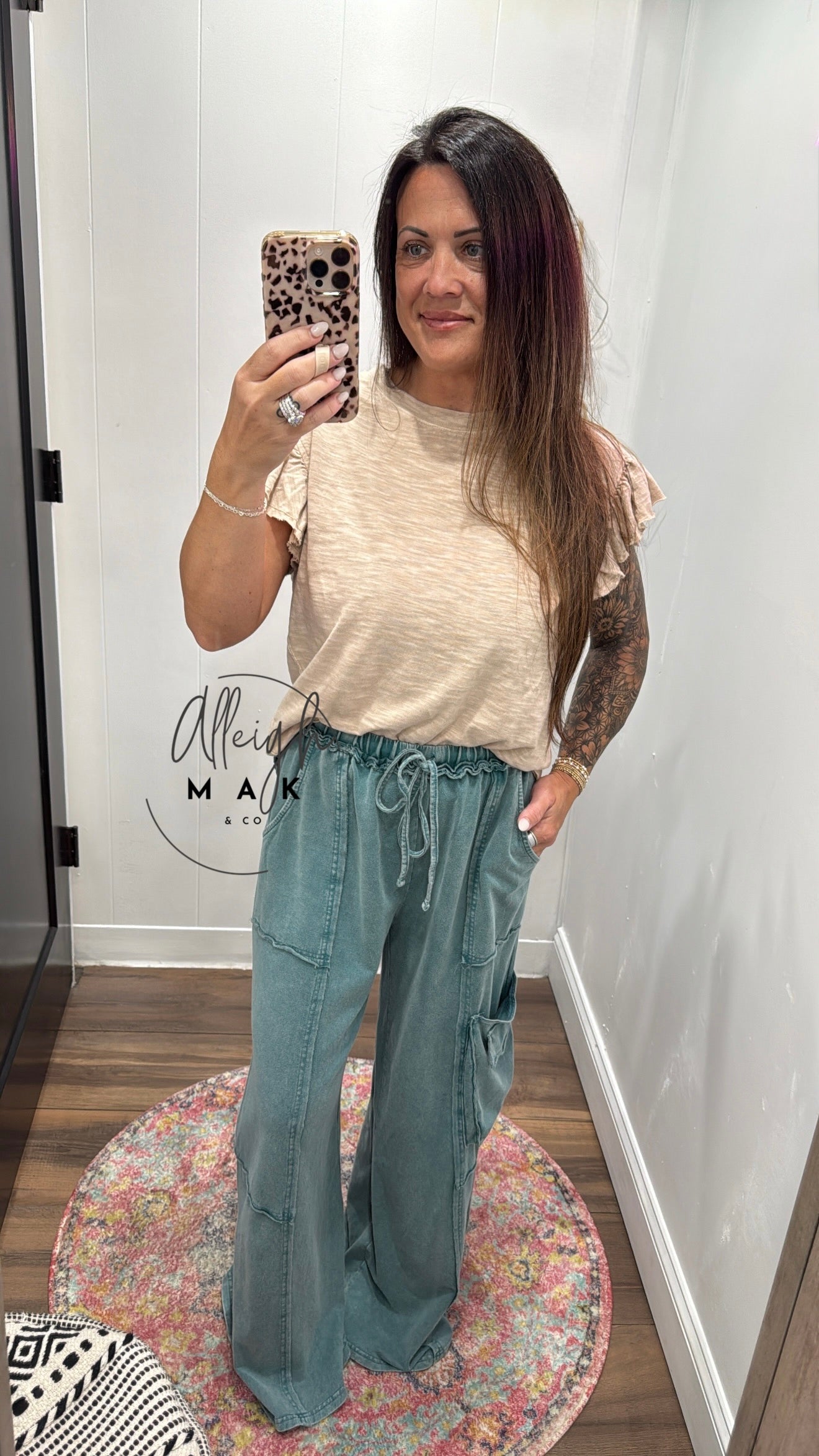 Wide Leg Terry Knit Mineral Washed Pants - Faded Teal