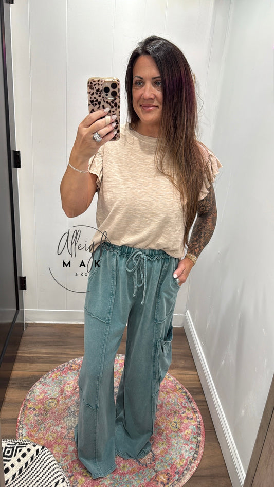 Wide Leg Terry Knit Mineral Washed Pants - Faded Teal