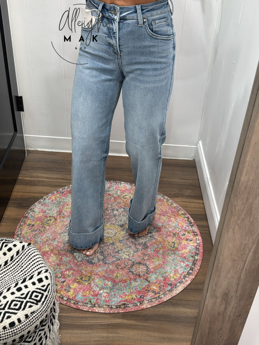 HW Tummy Control Ankle Wide Cuffed Jeans