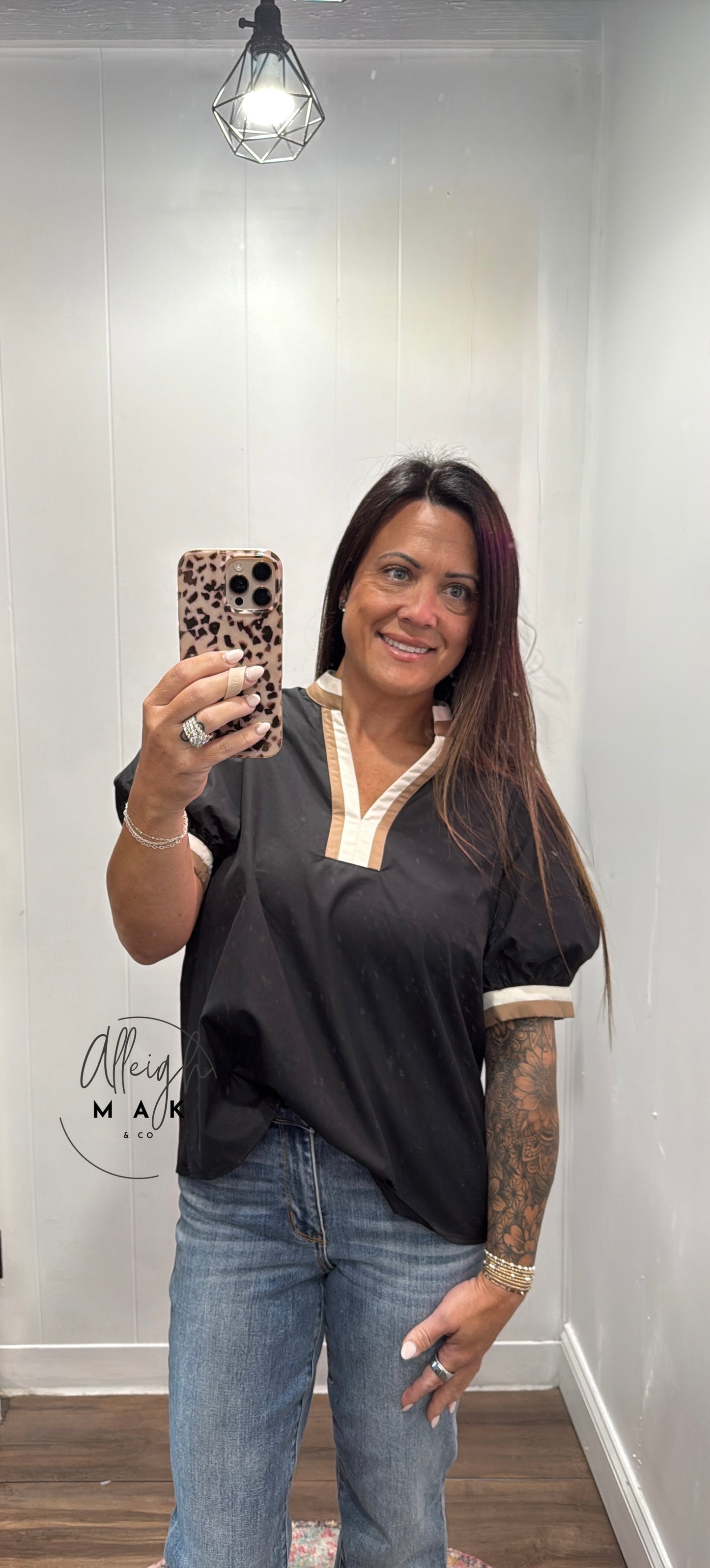 Black Bubble Sleeve Top with Multicolor Band
