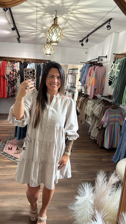 Button Down Stripe Woven Tiered Dress
